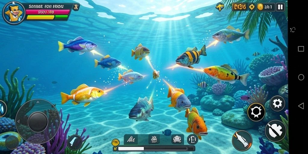 Screenshot gameplay menunjukkan aksi menembak ikan yang seru.