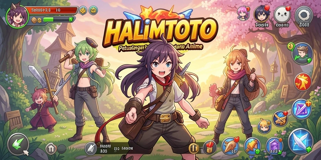 Tampilan gameplay HALIMTOTO yang menampilkan karakter anime penuh aksi.