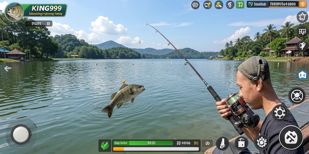 Screenshot gameplay KING999 menampilkan aksi seru memancing di alam yang indah.