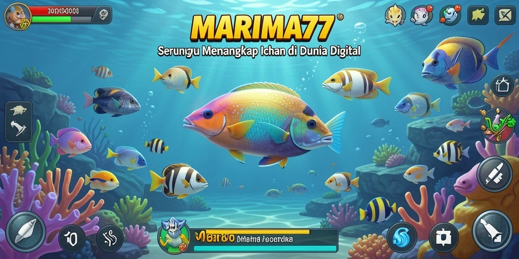 Screenshot gameplay MARIMA77 menampilkan aksi seru saat menangkap ikan.