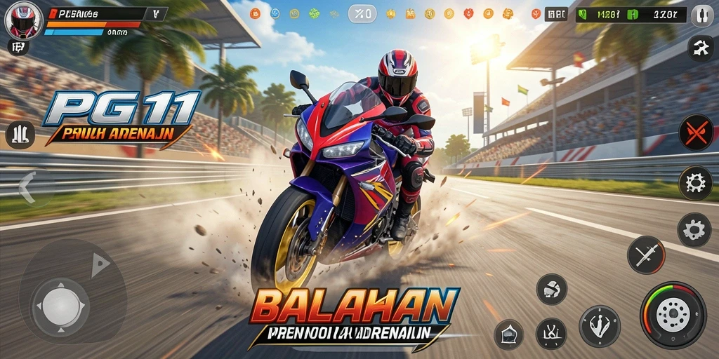 Screenshot PG11 menampilkan balapan motor yang intens dan grafis luar biasa.