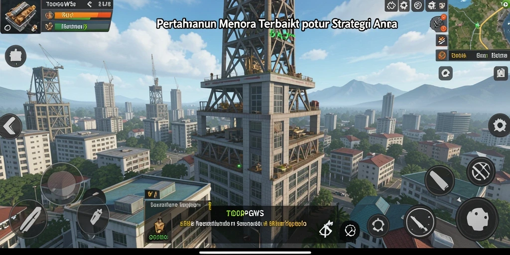 Screenshot utama TOOPGWS menampilkan menara dan musuh dalam aksi.